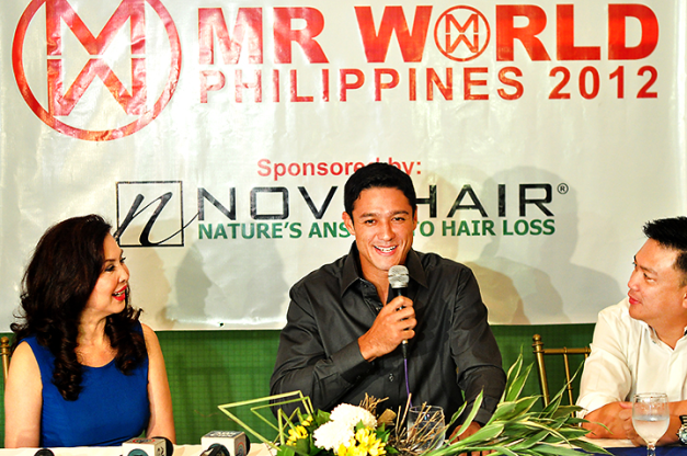 Mr. World Philippines 2012/13 and Mr. World 2012/13 1st Runner-Up Andrew Wolff during his media presentation as rep to the male pageant two years ago. Ms. Cory Quirino (left) and Arnold Vegafria flank him.